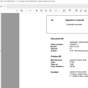 Liebherr R 922 1486 Hydraulic Excavator Operator's Manual 48158 - PDF DOWNLOAD