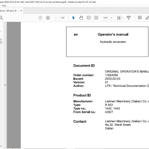 Liebherr R 922 SME 1442, 1443 Hydraulic Excavator Operator's Manual 42827 - PDF DOWNLOAD