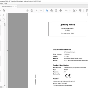 Liebherr R 9250 437 Hydraulic Excavator Operating Manual SN 18924 - PDF DOWNLOAD