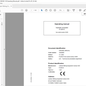 Liebherr R 9250 E 1129 Hydraulic Excavator Operating Manual 25385 - PDF DOWNLOAD