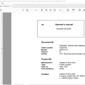 Liebherr R 926 Compact 1565, 1827 Hydraulic Excavator Operator's Manual 36183 - PDF DOWNLOAD
