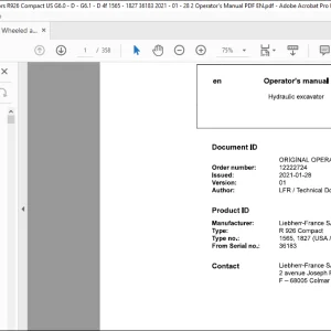 Liebherr R 926 Compact 1565 1827 (USA / CAN) Hydraulic Excavator Operator's Manual 36183 - PDF DOWNLOAD