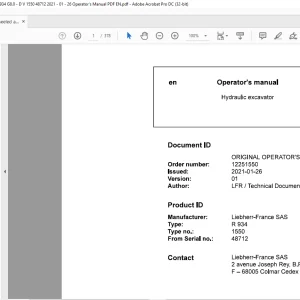 Liebherr R 934 1550 Hydraulic Excavator Operator's Manual 48712 - PDF DOWNLOAD