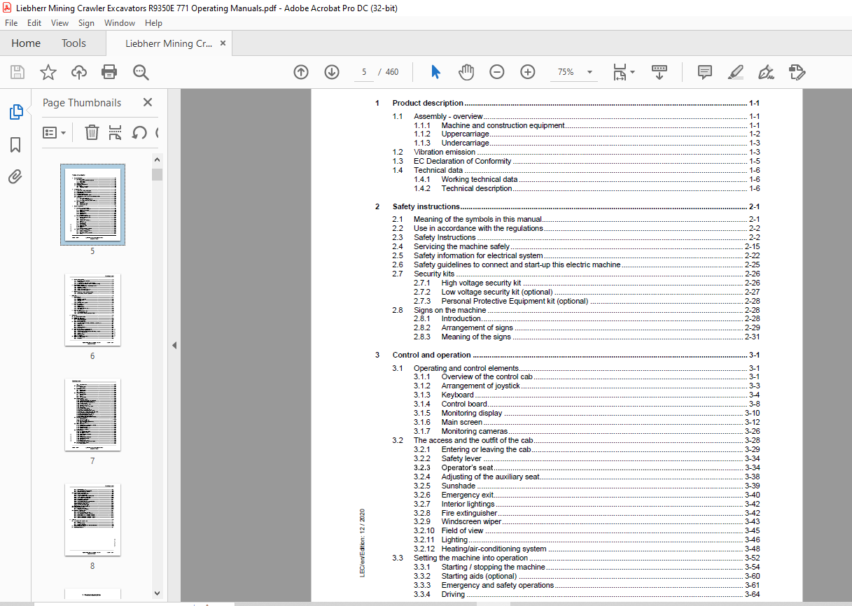 Liebherr R 9350 E 771 Hydraulic Excavator Operating Manual 12947 - PDF ...