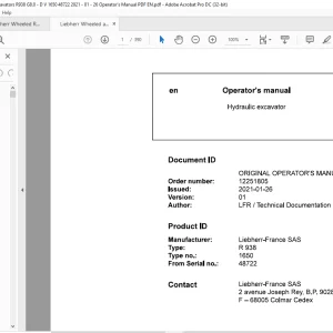 Liebherr R 938 1650 Hydraulic Excavator Operator's Manual 48722 - PDF DOWNLOAD