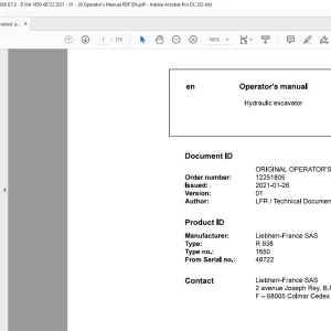 Liebherr R 938 1650 Hydraulic Excavator Operator's Manual 48722 - PDF DOWNLOAD