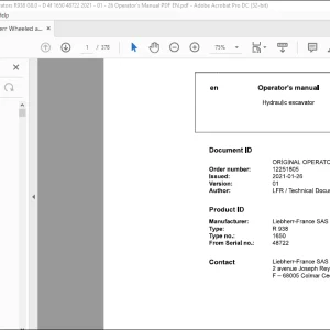 Liebherr R 938 1650 Hydraulic Excavator Operator's Manual 48722 - PDF DOWNLOAD
