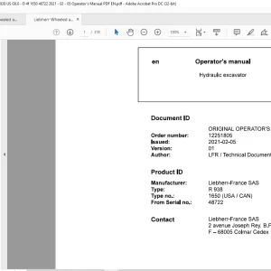 Liebherr R 938 1650 (USA / CAN) Hydraulic Excavator Operator's Manual 48722 - PDF DOWNLOAD