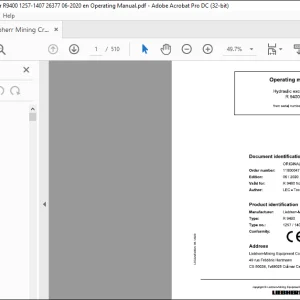 Liebherr R 9400 1257 1407 Hydraulic Excavator Operating Manual SN 26377 - PDF DOWNLOAD
