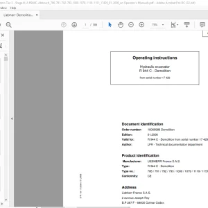 Liebherr R 944 C - Demolition Hydraulic Excavator Operating Instructions Manual SN 17 429 - PDF DOWNLOAD