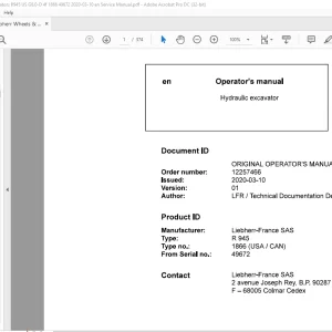 Liebherr R 945 1866 (USA / CAN) Hydraulic Excavator Operator's Manual 49672 - PDF DOWNLOAD