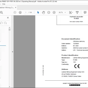 Liebherr R 9600 1391 Hydraulic Excavator Operating Manual 47001 - PDF DOWNLOAD