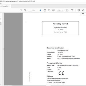 Liebherr R 9600 1391 Hydraulic Excavator Operating Manual SN 47002 - PDF DOWNLOAD