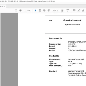 Liebherr R926 1715 (USA CAN) Hydraulic Excavator Operator's Manual 49251 - PDF DOWNLOAD