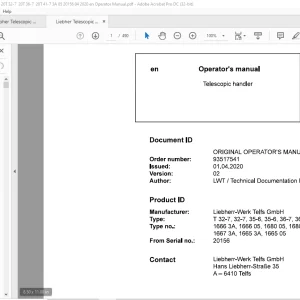Liebherr T 32-7 32-7 35-6 35-6 36-7 36-7 41-7 41-7 Telescopic handler Operator's Manual SN 20156 - PDF DOWNLOAD