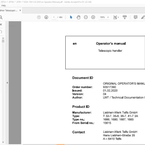 Liebherr T 32-7 35-6 36-7 41-7 3A 1666 1680 1667 1665 Telescopic handler Operator's Manual SN 15615 - PDF DOWNLOAD