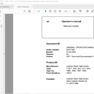 Liebherr T 32-7, 35-6, 36-7, 41-7 3AS 1666 1680 1667 1665 Telescopic handler Operator's Manual SN 15615 - PDF DOWNLOAD