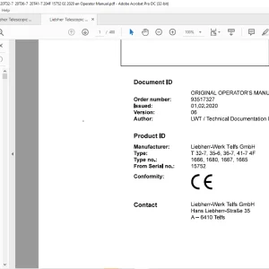 Liebherr T 32-7 35-6 36-7 41-7 4F 1666, 1680, 1667, 1665 Telescopic handler Operator's Manual SN 15752 - PDF DOWNLOAD