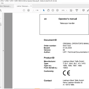 Liebherr T 32-7 35-6 36-7 41-7 4FS 1666 1680 1667 1665 Telescopic handler Operator's Manual SN 15603 - PDF DOWNLOAD