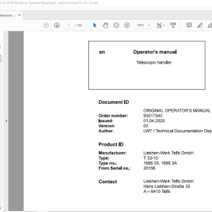 Liebherr T 33-10 1695 05 1695 3A Telescopic handler Operator's Manual SN 20156 - PDF DOWNLOAD