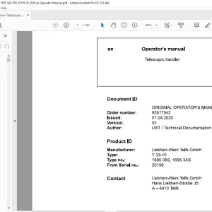 Liebherr T 33-10 1695 05S, 1695 3AS Telescopic handler Operator's Manual SN 20156 - PDF DOWNLOAD