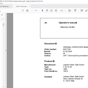 Liebherr T 33-10 3A 1695 Telescopic handler Operator's Manual SN 15615 - PDF DOWNLOAD