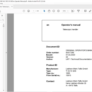 Liebherr T 33-10 3AS 1695 Telescopic handler Operator's Manual SN 15615 - PDF DOWNLOAD