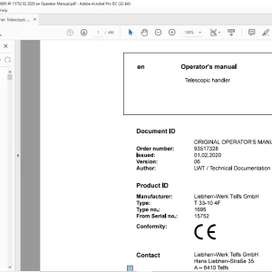 Liebherr T 33-10 4F 1695 Telescopic handler Operator's Manual SN 15752 - PDF DOWNLOAD