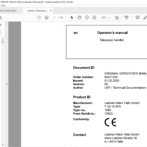Liebherr T 33-10 4FS 1695 Telescopic handler Operator's Manual SN 15603 - PDF DOWNLOAD