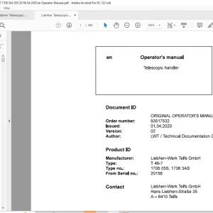 Liebherr T 46-7 1706 05S, 1706 3AS Telescopic handler Operator's Manual SN 20156 - PDF DOWNLOAD