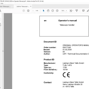 Liebherr T 46-7 4FS 1706 Telescopic handler Operator's Manual SN 16194 - PDF DOWNLOAD