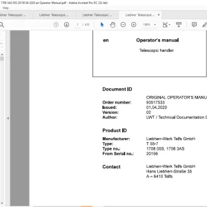 Liebherr T 55-7 1708 05S, 1708 3AS Telescopic Handler Operator's Manual 20156 - PDF DOWNLOAD