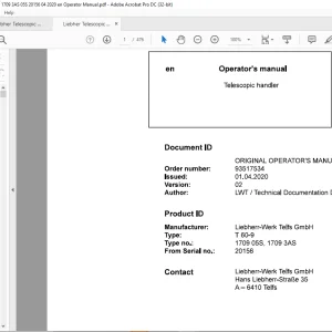 Liebherr T 60-9 1709 05S, 1709 3AS Telescopic handler Operator's Manual SN 20156 - PDF DOWNLOAD