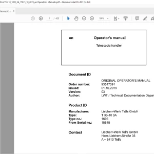 Liebherr Telescopic handler T 33-10 3A Operator's manual - PDF DOWNLOAD