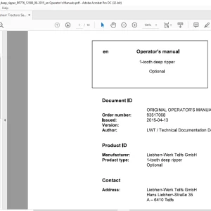Liebherr Tractor 1-tooth deep ripper Operator's Manual - PDF DOWNLOAD