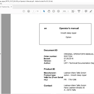 Liebherr Tractor 3-tooth deep ripper Operator's Manual - PDF DOWNLOAD