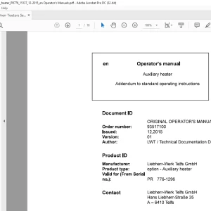 Liebherr Tractor Auxiliary heater Operator's Manual - PDF DOWNLOAD