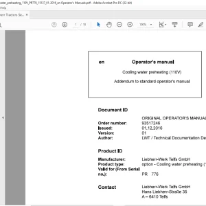 Liebherr Tractor Cooling water preheating (110V) Operator's Manual - PDF DOWNLOAD