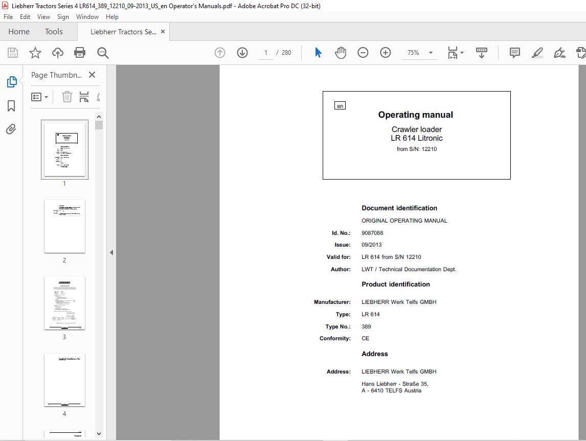Liebherr Tractor LR 614 Litronic 389 Crawler Loader Operating Manual SN ...