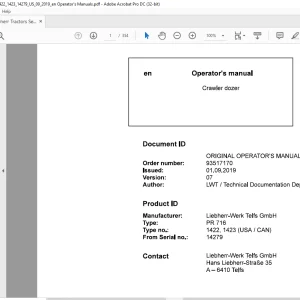Liebherr Tractor PR 716 1422, 1423 (USA  CAN) Crawler Dozer Operator's Manual 14279 - PDF DOWNLOAD