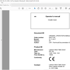 Liebherr Tractor PR 726 1329, 1330, 1331 Crawler Dozer Operator's Manual 14935 - PDF DOWNLOAD