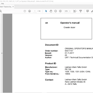 Liebherr Tractor PR 726 1329, 1330, 1331 (USA / CAN) Crawler Dozer Operator's Manual 14935 - PDF DOWNLOAD