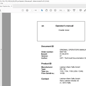 Liebherr Tractor PR 736 1153, 1154, 1155 (USA / CAN) Crawler Dozer Operator's Manual 14185 - PDF DOWNLOAD