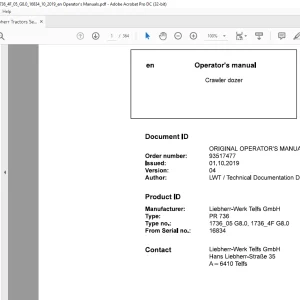 Liebherr Tractor PR 736 1736_05 G8.0, 1736_ 4F G8.0 Crawler Dozer Operator's Manual 16834 - PDF DOWNLOAD