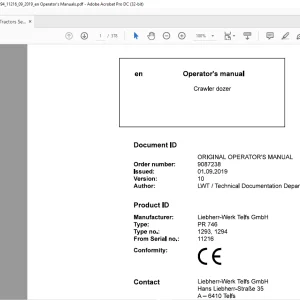 Liebherr Tractor PR 746 1293, 1294 Crawler Dozer Operator's Manual 11216 - PDF DOWNLOAD