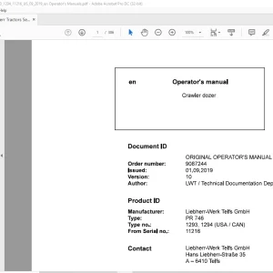 Liebherr Tractor PR 746 1293, 1294 (USA / CAN) Crawler Dozer Operator's Manual 11216 - PDF DOWNLOAD