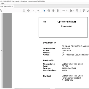 Liebherr Tractor PR 766 1421 (USA / CAN) Crawler Dozer Operator's Manual 13666 - PDF DOWNLOAD