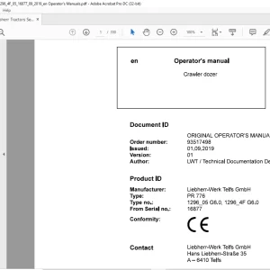 Liebherr Tractor PR 776 1296_05 G6.0, 1296_ 4F G6.0 Crawler Dozer Operator's Manual 16877 - PDF DOWNLOAD
