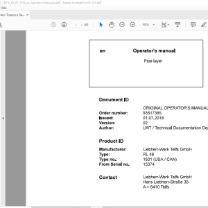 Liebherr Tractor RL 46 1631 (USA  CAN) Pipe layer Operator's Manual 15374 - PDF DOWNLOAD