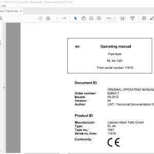 Liebherr Tractor RL44 1091 Pipe Layer Operating Manual SN 11676 - PDF DOWNLOAD
